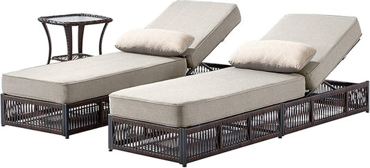 Luxury Outdoor Chaise Lounge Chairs of 2 with 5 Inch Thick Cushions and Side Table - 3 PCS High Back Brown Wicker Rattan Patio Recliners Lounger Furniture Set for Poolside Sunbathing - Beige