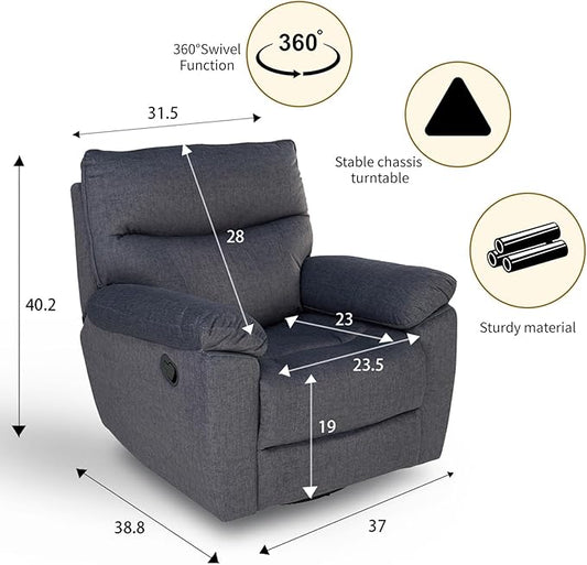 Reclining Sofa Rocking Recliner Chair Manual Adjustable 360 Swivel with Ergonomics Overstuffed Lumbar Arm Support Natural Fabric Surface Made for Living Room, Bedroom, Nursery, Dark Grey