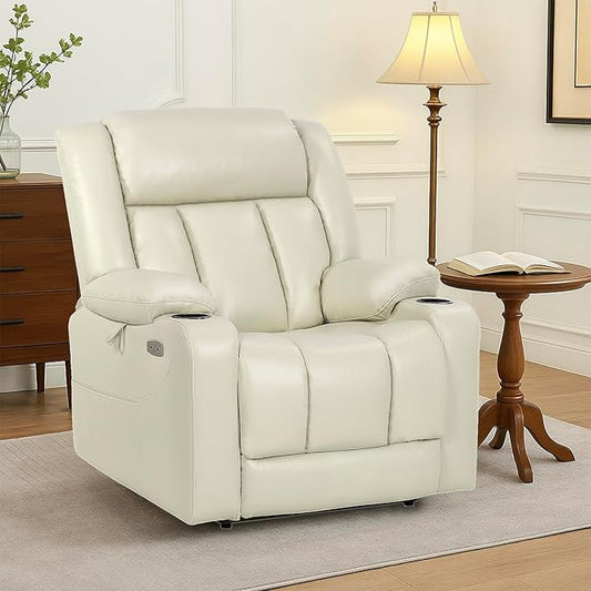 EONIX Dual Motor Oversized Power Lift Recliner Chair for Elderly, 400lbs Heavy Duty Faux Leather Recliner with Massage and Heat, Lay Flat Big and Tall Lift Chair with Cup Holders, Cream White