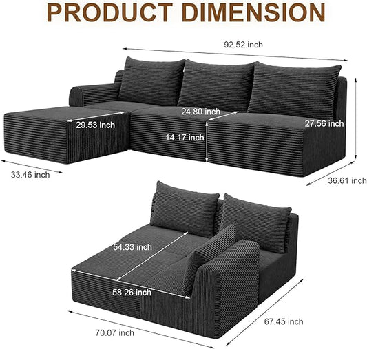 JSLOVE Modular L-Shape Sectional Sofa with Chaise, 3 Seat Movable Boneless Cloud Couch in One Box, Sofa Couch Bed with Ultra-Soft Corduroy Fabric, No Assembly Required for Living Room, Bedroom(Black)