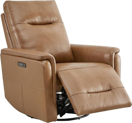 Watson & Whitely Genuine Leather Power Recliner Chairs W Power Headrest for Adults, Swivel Glider Recliner Chair W Charging Ports for Living Room, Saddle
