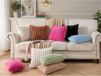 DEELAND Pack of 2,Double-Sided Faux Fur Plush Decorative Throw Pillow Covers Fuzzy Striped Soft Pillowcase Cushion Covers for Sofa Couch Bedroom Beige 18x18 inch