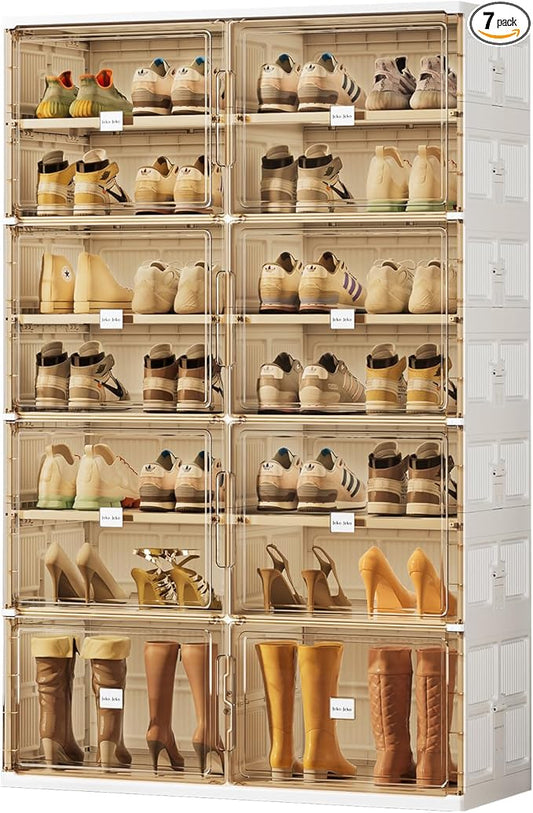 JEKO&JEKO 7 Tiers Foldable Boot and Shoe Storage Rack Cabinet for Closet Entryway, Large Collapsible Shoe Organizer with Magnetic Doors (White)