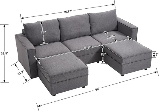 90 Inches Cloud Modular Sectional Sofa, U Shaped Linen Couch with Reversible Chaise, 3 Seater Convertible Comfortable Sofa Couch for Living Room/Apartment, Grey