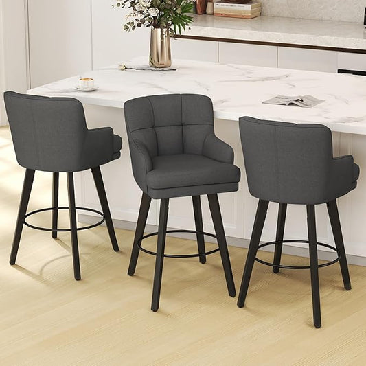 360°Swivel Counter Height Bar Stools with Back, 30 inch Solid Wood Legs, Bar Stool Modern Kitchen Island Chairs, Fabric (Black Grey- Fabric, 30" H- Set of 3)