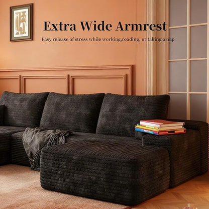107.5" Compressed Boneless Couch with Ottoman, 2 Seater Large U Shaped Sectional Couches for Living Room, Black Corduroy Cloud Modular Sectional Sofa, Memory Foam, No Assembly，Light Facing Chaise