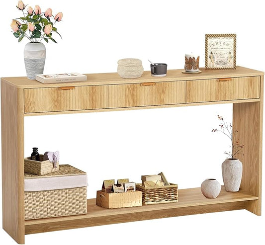 Entryway Table with Storage, Narrow Console Table with 3 Drawers, 55.12' Couch Table Behind Sofa Long for Living Room TV, Hallway Entrance Foyer, Mid Century Modern Boho Fluted Console Table