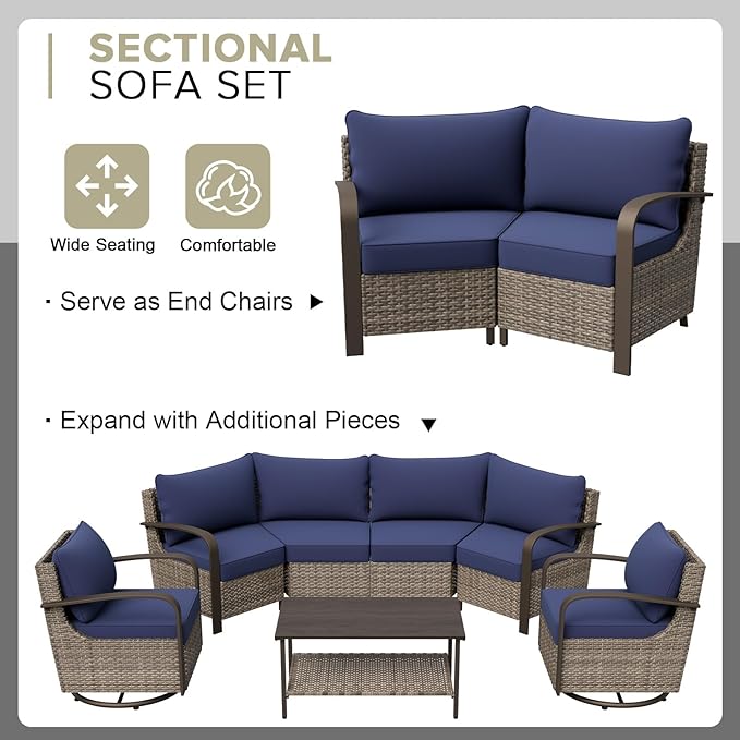 COOS BAY Aurora Terrace Half-Moon Outdoor Furniture Set, Rattan Conversation Set with Curved 5-Seat Sofa, Coffee Table, Seats 5, Beige/Blue