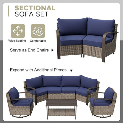 COOS BAY Aurora Terrace Half-Moon Outdoor Furniture Set, Rattan Conversation Set with Curved 4-Seat Sofa, Coffee Table, Seats 4, Beige/Blue