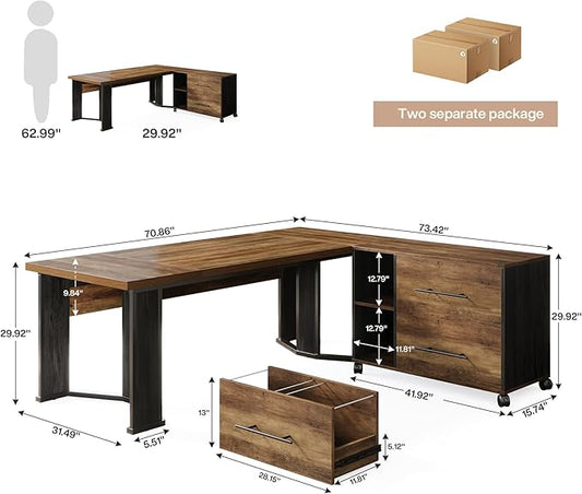 Tribesigns 70.86" Executive Desk with Mobile File Cabinet, Large L Shaped Computer Office Desk with 2 Drawers and Storage Shelves, Business Furniture Desk Workstation for Home Office (Rustic Brown)