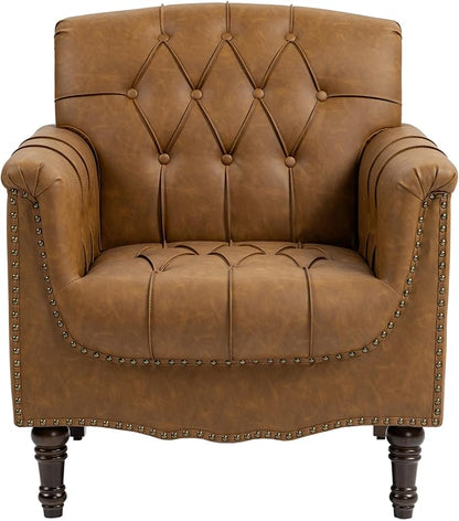 UIXE Faux Leather Accent Chair for Living Room, Upholstered Retro Armchair Tufted Club Arm Chair Single Sofa Lounge Bedroom Side Reading Seating with Solid Wood Legs, Camel
