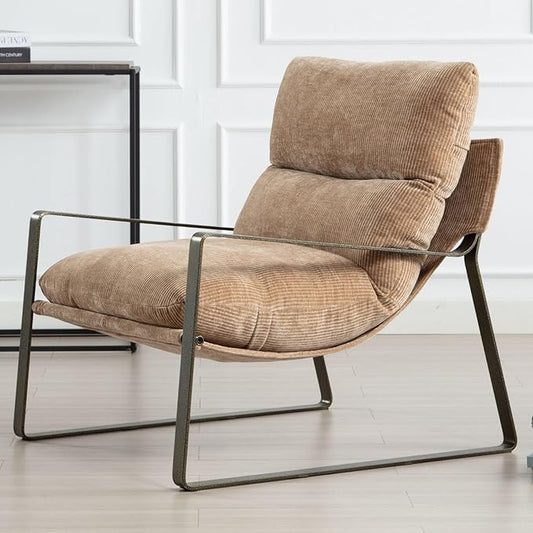 LukeAlon Modern Chenille Accent Armchair, Upholstered Lounge Chair with Brass Metal Frame Thickened Cushion Single Sofa Chair Comfy Leisure Side Chair with Armrest for Bedroom Living Room, Khaki