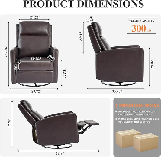 COLAMY Recliner Chair Set of 2, PU Leather 360° Swivel Rocker Recliner, Nursery Glider Recliner with Ergonomic High Backrest and Upholstered Deep Seat for Living Room, Bedroom, Color Chocolate