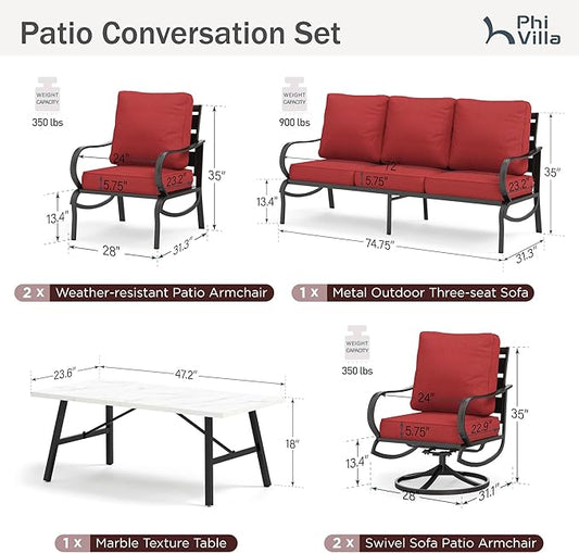 PHI VILLA 6 PCS Patio Furniture Sets with 2*Swivel Cushioned Sofa Chairs, 2* Leg Chairs, 1 * 3-Seat Wide Deep Seating Bench and 1*Coffee Table, Outdoor Metal Furniture Set for 7 Person(Red)