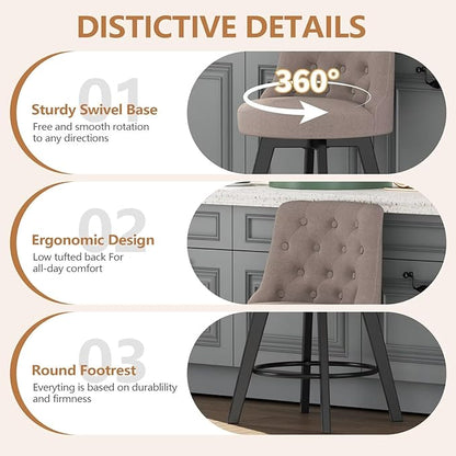 MINCETA Set of 4 Upholstered Bar Stools - 26 Inch Swivel Counter Height Stools with Low Tufted Back, Footrest & Performance Fabric - Round Seat for Kitchen Island & Home Bar Taupe