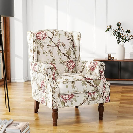 UIXE High Back Accent Chair, Fabric Upholstered Armchair for Living Room, Floral Printed Wingback Arm Chair with Solid Wood Legs, Retro Nailhead Trim Single Sofa Bedroom Reading Seat - Beige