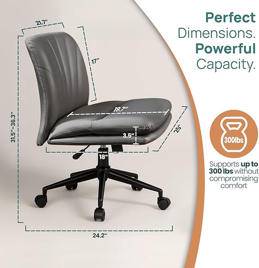 NYPOT Armless Desk Chair with Wheels for Criss Cross Sitting - Cross Legged Wide Armless Chair - Adjustable Vanity 360° Swivel Stool and 120° Rocking Wide Seat Comfy for Home and Office, Color Grey