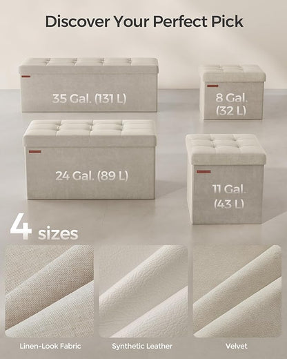 SONGMICS Small Storage Ottoman, Folding Ottoman Cube, 15 x 15 x 15 Inches, Footstool, Footrest, 11 Gal. (43 L), Velvet Surface, for Bedroom, Living Room, Dorm, Cream White ULSF227W01
