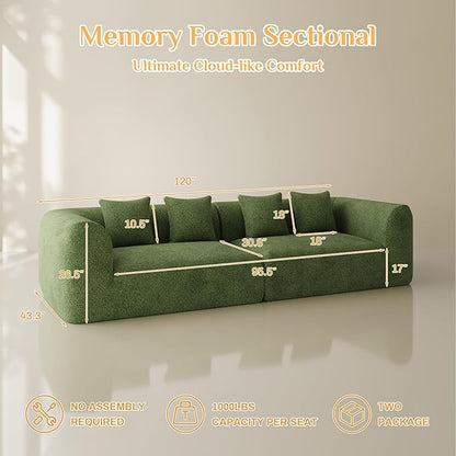 120'' Oversized Sectional Couches for Living Room Boneless Modular Sectional Sofa Plush Chenille Cloud Modular Couch Modern Sectionals with Deep Seat, No Assembly Required, 4 Seater, Green