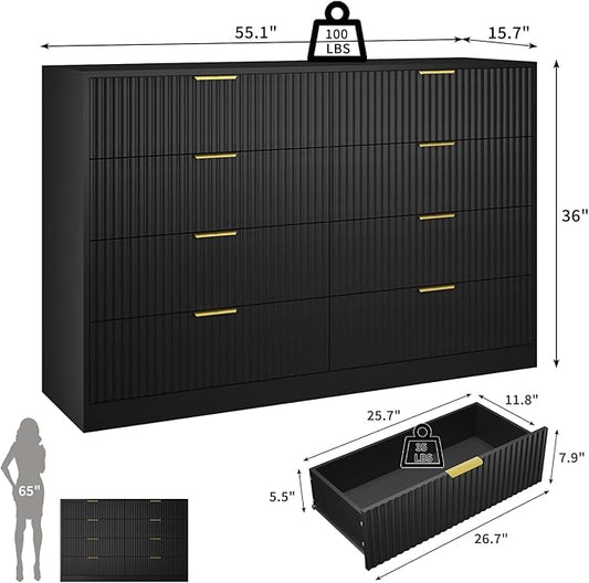 Black Dresser for Bedroom with 8 Drawer, 55” Wide Fluted Double Drawer Dresser Modern Chest of Drawers with Gold Handle, Wood TV Stand for Bedroom, Living Room, Black