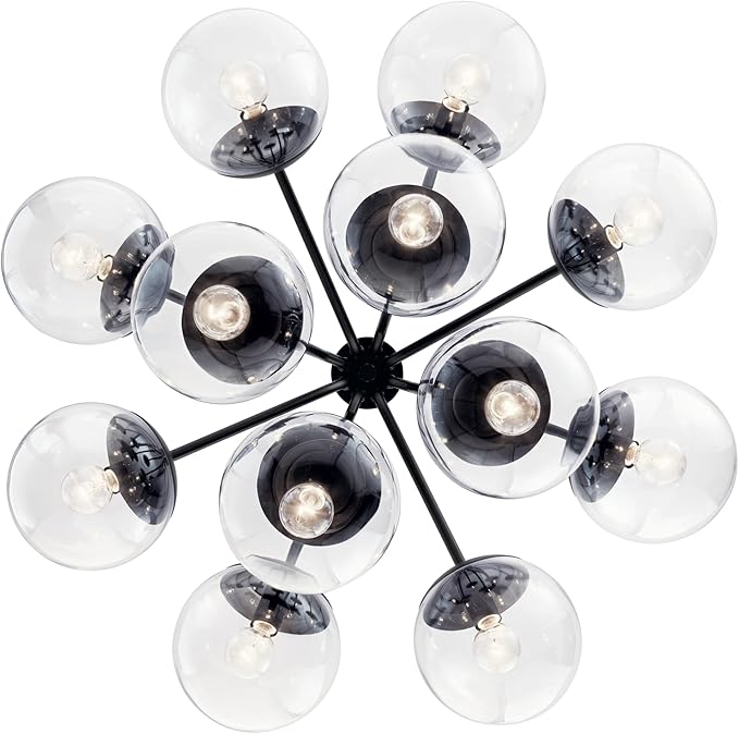 KICHLER Silvarious 12-Light Convertible Chandelier, Soft Modern Light with Clear Glass in Black, for Dining Room, Living Room, Bedroom or Foyer (22.25" x 30"), 52701BKCLR