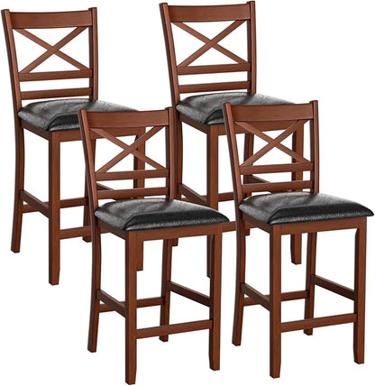 COSTWAY Barstools Set of 4, 25” Counter Height Mid Century Modern Island Chairs with Back, Soft Cushion & Faux Leather Seat, Wooden Armless Kitchen Stools for Home, Cafe Shop, Restaurant, Pub