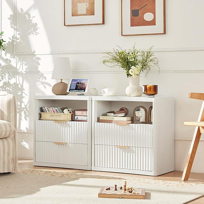 LEYAOYAO Fluted Farmhouse Nightstand Set of 2 with Charging Station, 23" Wide 2 Drawers End Table,White Dresser for Bedroom,Bed Side Table Chest of Drawers Cabinet,Wood Night Stand for Living Room