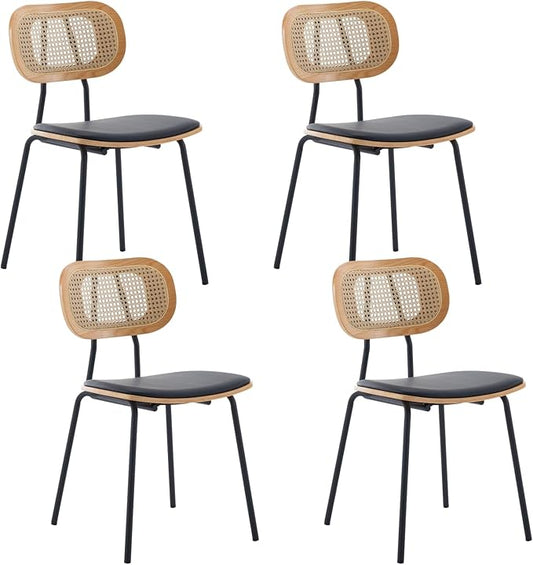 Mid-Century Modern Rattan Cane Back Dining Chairs Set of 4 — PU Leather Upholstered Seat, Black Metal Legs, Kitchen Side Chairs for Kitchen & Dining Room, Black