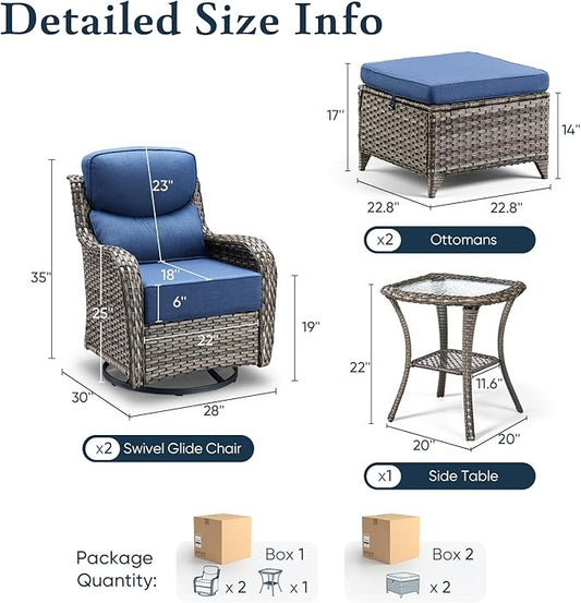 Belord Luxury 6" Thick Cushioned 5 Pieces Patio Furniture Set with 2 Ottomans, Wicker Outdoor Conversation Set with High Back Swivel Rocker Patio Chairs for Deck Porch Yard and Poolside - Grey+Blue