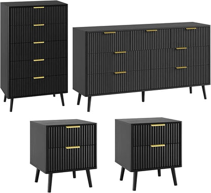 LYNSOM Fluted Dresser and Nightstand Sets 4 Piece, 2-Drawer Nightstands and 5/7 Drawers Dresser, Wood Bedroom Furniture Set for Home, Bedroom, Hallway, Black