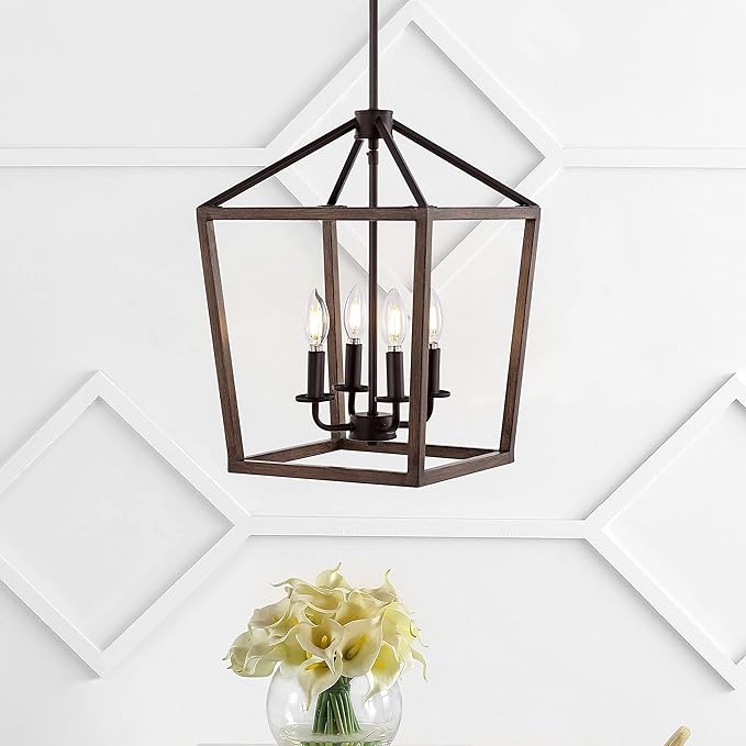 JONATHAN Y JYL1322A Pagoda 13" 4-Light Iron Farmhouse Industrial Lantern LED Pendant, Rustic, Bohemian, Coastal, for Dining Room, Kitchen, Living Room, Oil Rubbed Bronze/Faux Wood