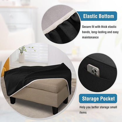 H.VERSAILTEX Ottoman Cover Rectangle Fit Length 33"-34" Footrest Linen Look Ottoman Slipcovers Thick Covers Slipcover Rectangle Slipcovers for Ottomans Sturdy Foot Stool Cover - Heather Black