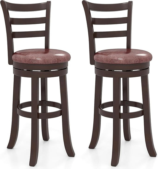 COSTWAY 30” Bar Height Stools Set of 2, Swivel l High-Top Chairs with Backrest & Faux Leather Padded Seat, Rubber Wood Barstools with Footrest for Kitchen, Dining Room, Pub (2,30'')