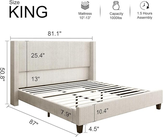 HOWE King Size Upholstered Platform Bed Frame, Wingback Bed with 50.8" Headboard, Corduroy/Solid Wood Leg/No Box Spring Needed/Noise Free/Cream