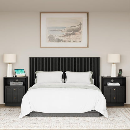 Nightstand with Charging Station, Modern Nightstand with Arched Design, Minimalist End Table with Wood Grain Texture, Bedside Table for Bedroom Living Room Sofa Office, Black