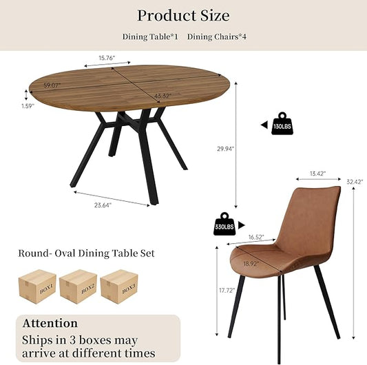 Extendable Round Dining Table Set for 4-6 People, 43.3"-59.1" Extendable Kitchen Table with 4 Upholstered Chairs, Space Saving for Kitchen Dining Room (Walnut Table+4 Brown Chairs)