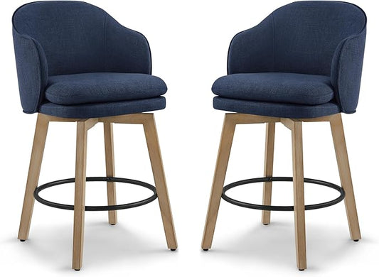 Counter Height Barstools 26 inch Upholstered Swivel Bar Stools with Back and Wood Legs for Kitchen Island,Set of 2,Blue Fabric