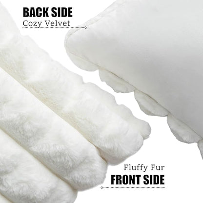 Neelvin Cream White Faux Fur Cozy Soft Plaid Decorative Throw Pillow Covers 26x26 inch Set of 2,Velvet Pillowcase Cushion Case for Sofa Couch