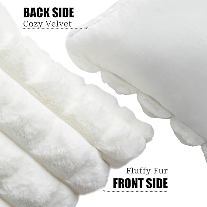 Neelvin Cream White Faux Fur Cozy Soft Plaid Decorative Throw Pillow Covers 24x24 inch Set of 2,Velvet Pillowcase Cushion Case for Sofa Couch