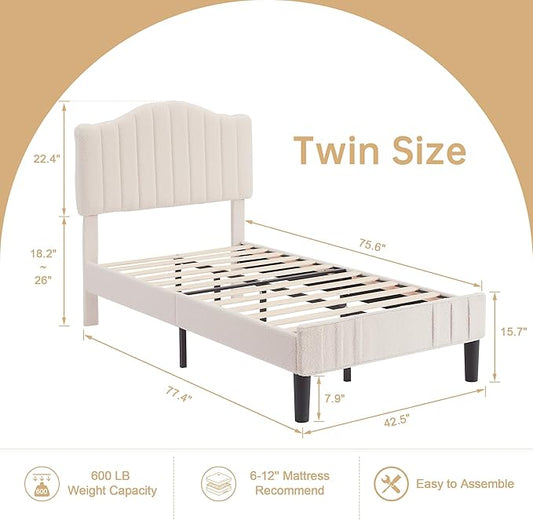 VECELO Twin Bed Frame Upholstered Platform Bed Frame with Height Adjustable Teddy Fabric Headboard, Strong Wood Slats Supports 7.9'' Under Bed Space Noise Free No Box Spring Needed, Cream