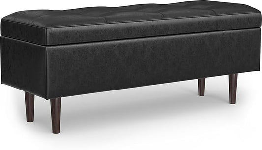 SIMPLIHOME Shay 48 inch Wide Mid Century Modern Rectangular Storage Ottoman in Distressed Black Vegan Faux Leather, Assembled, for The Living Room, Entryway and Family Room