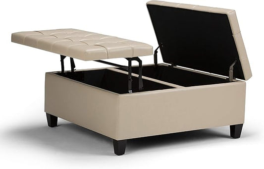 SIMPLIHOME Harrison Coffee Table Storage Ottoman - 36 inch Wide Upholstered Vegan Leather Square Lift-Top Ottoman in Satin Cream, Transitional Ottoman for Living Room with Hidden Storage