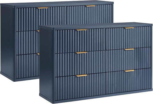 LEYAOYAO Fluted 6 Drawers Dresser Set of 2, 48" Wide Modern Chest of Drawers with Woodgrain Top, Curved Profile Design, Dresser TV Stand, Wood Drawer Organizer for Bedroom, Living Room, Hallway,Blue