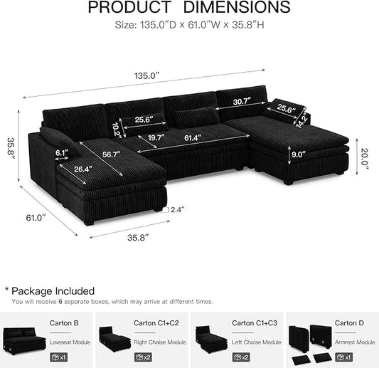 Belffin Large Modular Sectional Sofa with Double Deep Chaise, 135" Corduroy U Shaped Sectional Couch with 9" Soft Dual-Layer 6 Seats U Shaped Couch for Living Room, Apartment, Black