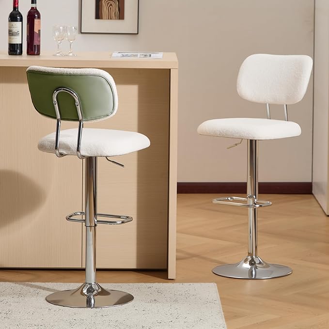 Furniliving Adjustable Bar Stools Set of 2, Modern Teddy Velvet Swivel Barstools with Curved Back, Stylish Armless Counter Height Bar Stools Bar Chairs for Kitchen Island, Bar, Green