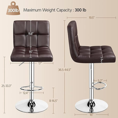 Yaheetech Bar Stools Set of 2, Adjustable PU Leather Swivel Barstools, Modern Counter Stools with Back and Footrest, Counter Height Barstools for Bar, Kitchen, Dining Room, Brown