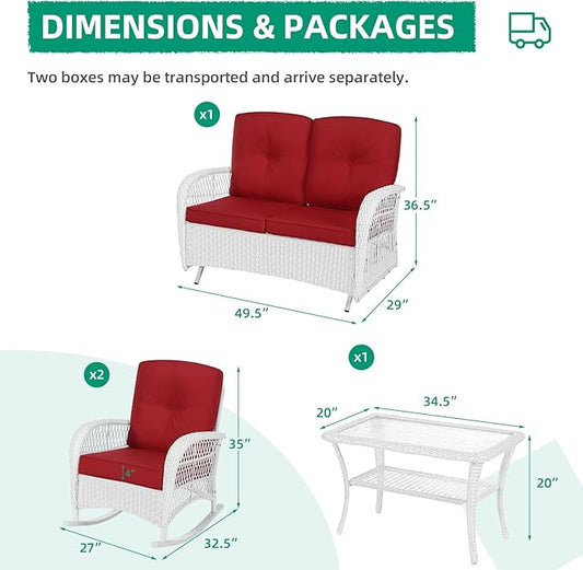 VIVIJASON 4-Piece Outdoor Patio White Wicker Conversation Sets, All Weather Outdoor Rattan Furniture Set Includes Glider Loveseat, Coffee Table, 2 Rocking Chairs with Cushions for Backyard, Red