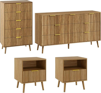 LYNSOM Fluted Dresser and Nightstand Sets 4 Piece, 1-Drawer Nightstands and 5/7 Drawers Dresser, Wood Bedroom Furniture Set for Home, Bedroom, Hallway, Natural Oak