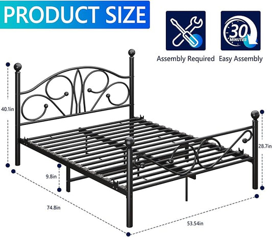 Metal Full Single Bed Frame with Storage Space, 74.8" in Steel Bed Frame with Protective Foot Pads, Strong Bearing Capacity Full Size Bed, Easy Assembly, Underbed Storage Space（40.1 inch）