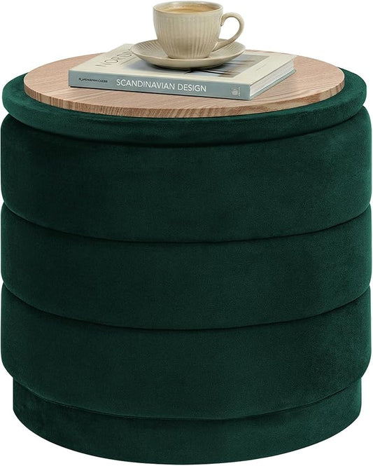 PINPLUS Round Velvet Ottoman Tray, Bottle Green Upholstered Decorative Accent for Footstool or Coffee Table, Removable Serving Surface